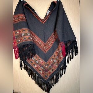 Grey Poncho with Red & Orange Aztec Trim and Fringe